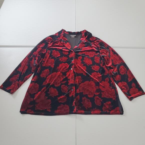 Whimsigoth Shirt Womens Extra Large Black Red Dark Floral Velvet Button up - Picture 1 of 7